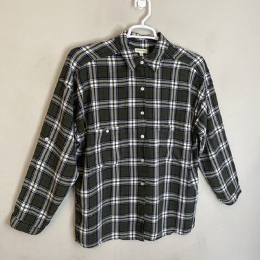 Max Studio Buffalo Plaid Shirt Green & White XL Adjustable Long Sleeves Rayon - Picture 2 of 12